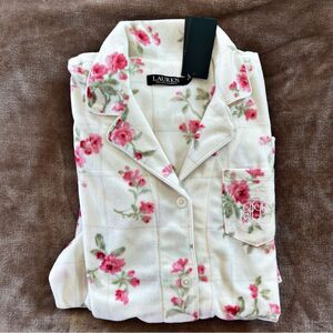 Ralph Lauren White Pajama Set with Pink Floral Flannel Shabby Chic Luxury Size M